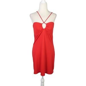 Vintage 90s M Collection Red Jersey Keyhole Halter Mini Dress L